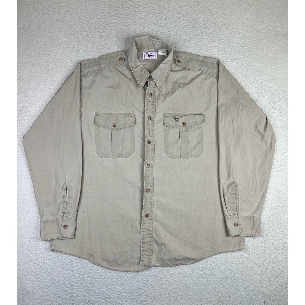 Vintage Orvis Mens XL Beige Cotton Long Sleeve Bird Hunting Button Up Shirt USA